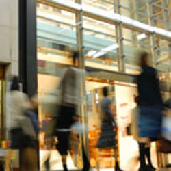 People walking in building lobby